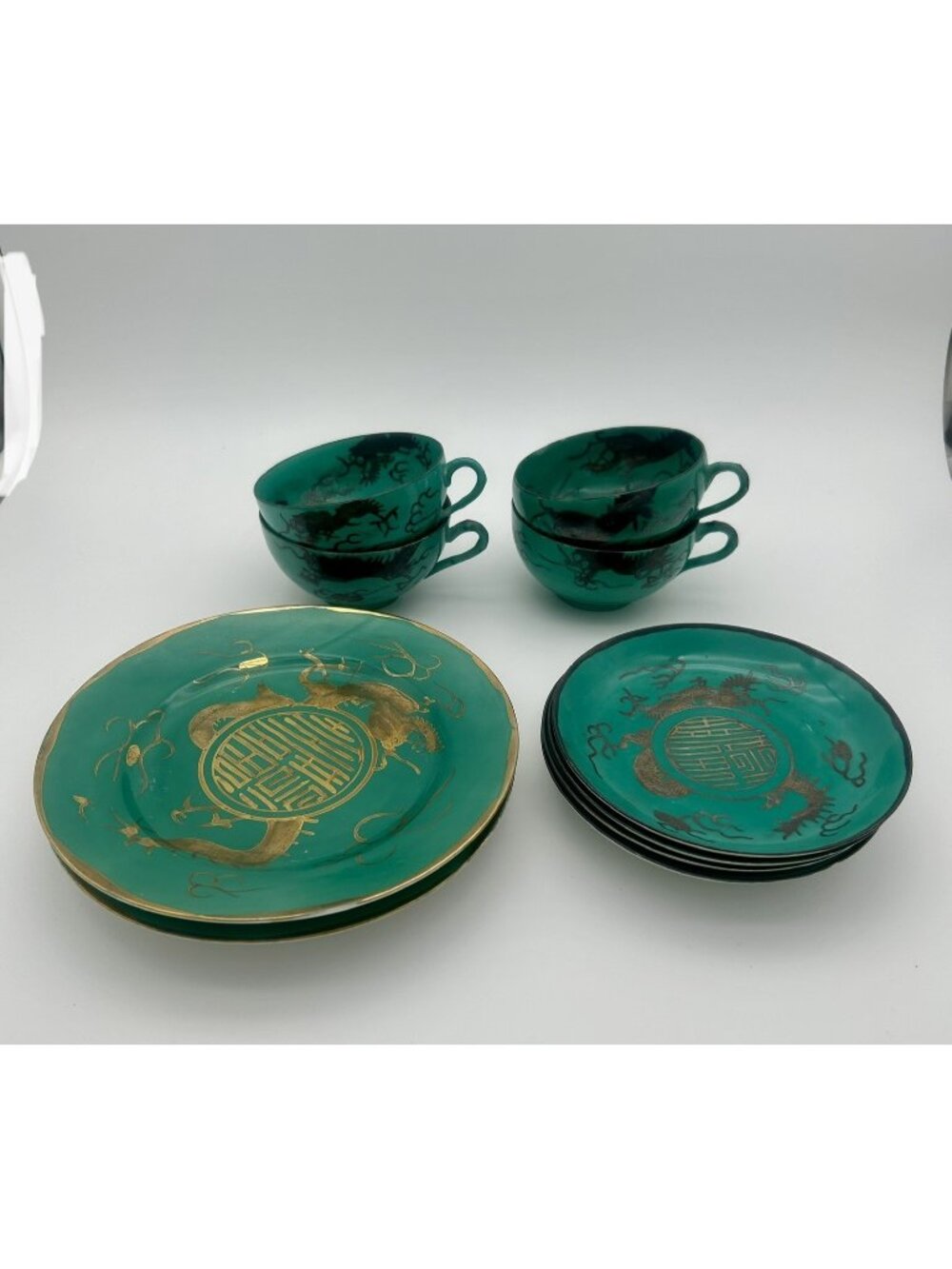 4 Hand Painted Japanese Porcelain Teacups w/Saucers & 2 Plates 7"-Teal Dragons